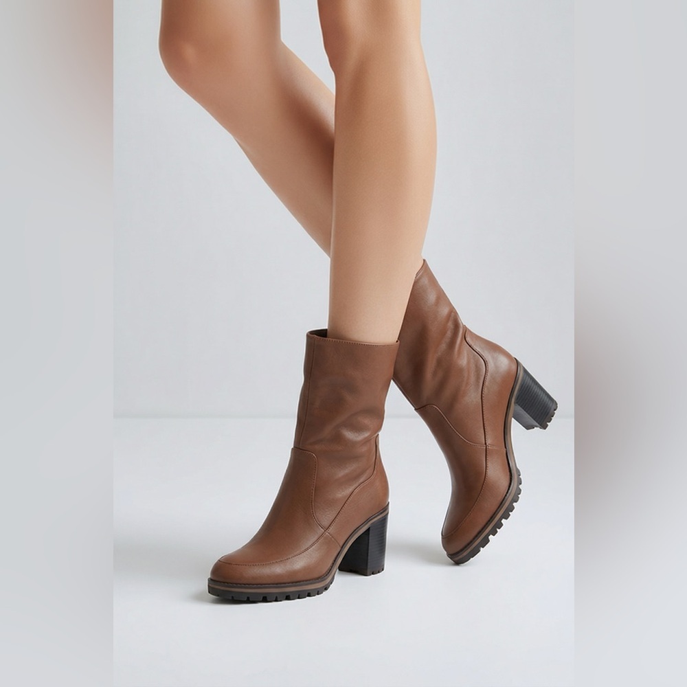Women's Brown All-Weather Ankle Booties Block Heel Lug Sole Slip-On​
